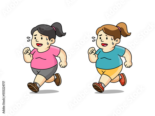 Funny cartoon illustration of two chubby boys lifting barbells with determination. Great for fitness, health, and motivational content.