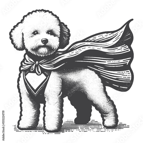 Vintage Hand-Drawn Bichon Frise Wearing Superhero Cape Illustration – Rustic Engraved Style Vector For T-Shirts, Posters, Stickers, And Heroic Pet Apparel