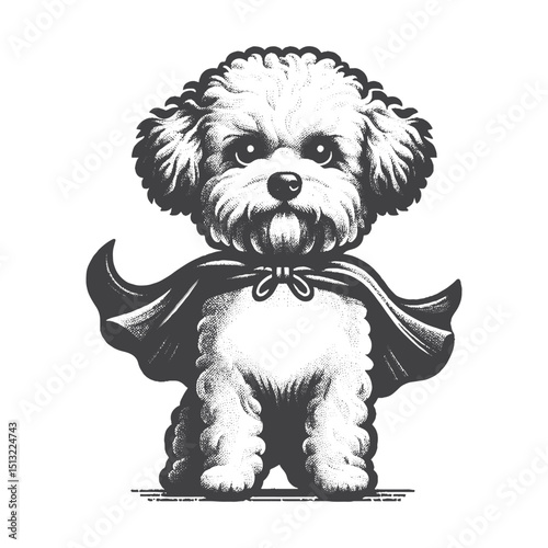 Vintage Hand-Drawn Bichon Frise Wearing Superhero Cape Illustration – Rustic Engraved Style Vector For T-Shirts, Posters, Stickers, And Heroic Pet Apparel