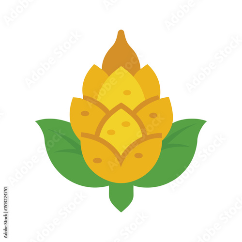 Minimalist flat vector illustration of a golden hop cone with green leaves
