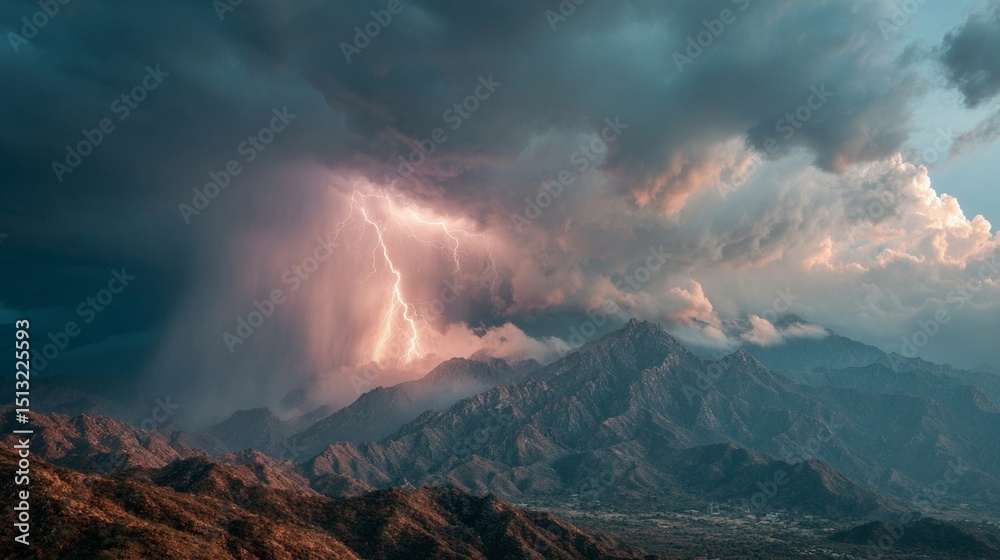 Fototapeta premium Thunderstorm Over Mountain Range with Lightning/山脈の雷雨2