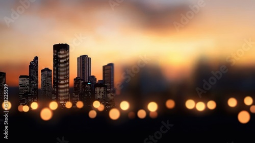 economy consumption demand concept. Urban skyline at sunset with blurred lights in the foreground.