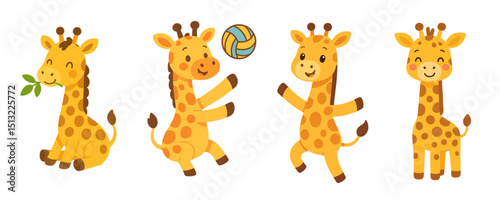 Cute Baby Giraffes Playing and Smiling – Cartoon Animal Vector Illustration