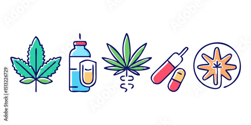 Medical Cannabis and Drug Addiction related color line icon set.Medical Cannabis Products: Illustration of Different Formats. Hemp, Weed and Cannabidiol colorful linear icons.