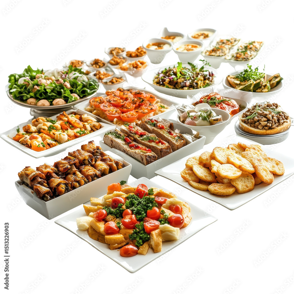 Catering food, A diverse catering setup showcasing a variety of food items, isolated on transparent background Catering food, A diverse catering setup showcasing a variety of food items, isolated on transparent background