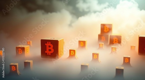 Cryptocurrency blocks in a foggy landscape photo