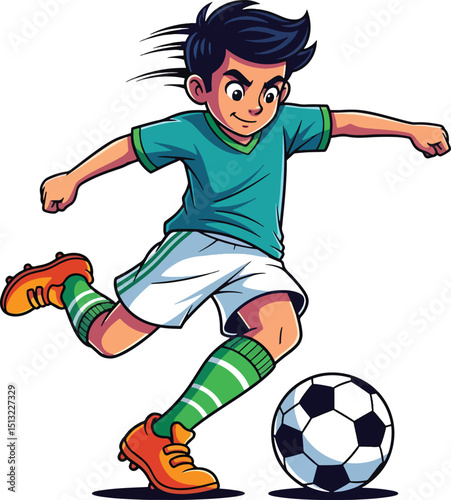 A cheerful cartoon little boy playing soccer (footbal) vector character 
