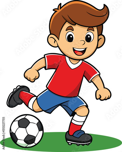 A cheerful cartoon little boy character playing soccer vector illustration 