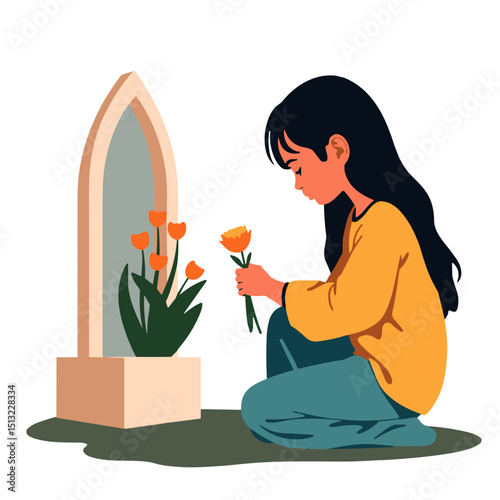 Child offering flowers at shrine, evoking purity and devotion