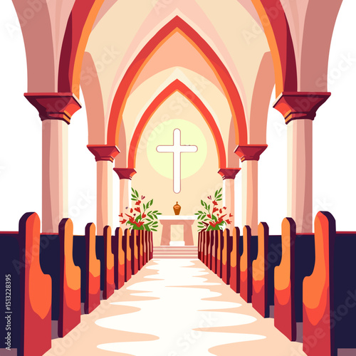 Bold church interior with flower arches, evoking purity and serenity