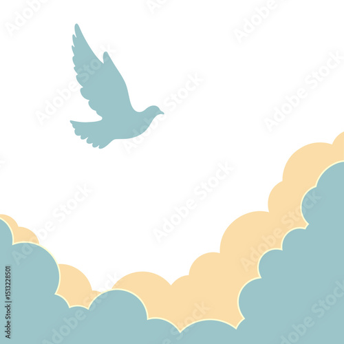 Flying dove silhouette against soft clouds, symbols of peace
