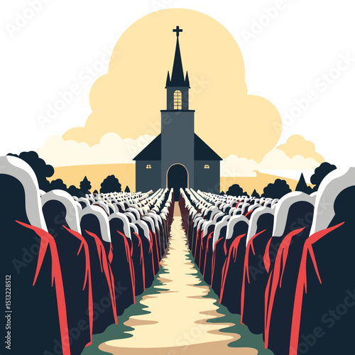 Pilgrims gathering outside church at sunset, faith and devotion
