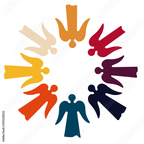 Heavenly circle of angels in bold colors, purity and devotion