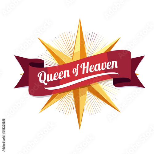 Bold pop art illustration of 'Queen of Heaven' banner, evokes devotion