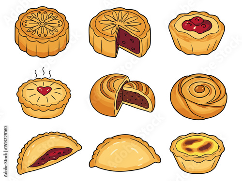 Vector illustration featuring a delightful assortment of nine unique pastries with various shapes and fillings perfect for bakery designs and food graphics