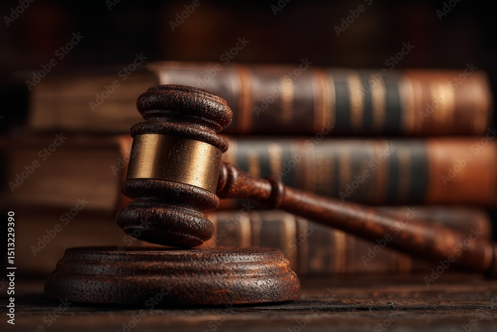 Wooden Gavel Resting on Sounding Block, With Legal Books Stacked on Dark Table Top, Emphasizing Law and Justice Wooden Gavel Resting on Sounding Block, With Legal Books Stacked on Dark Table Top, Emphasizing Law and Justice