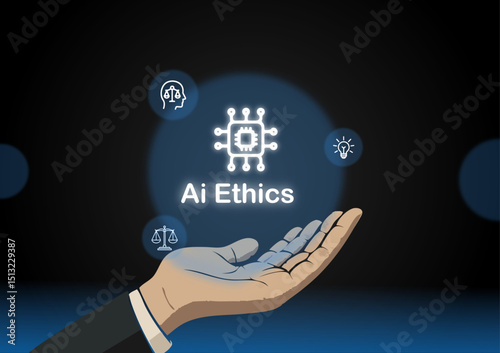 AI Ethics Illustration with Justice Scale, Brain, and Chip Icon in Hand