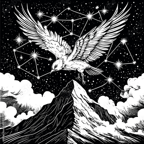 Stellar bird over mountain. Vector linocut of mythic constellation and cosmic flight.