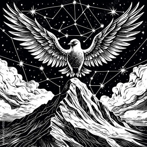 Stellar bird over mountain. Vector linocut of mythic constellation and cosmic flight.
