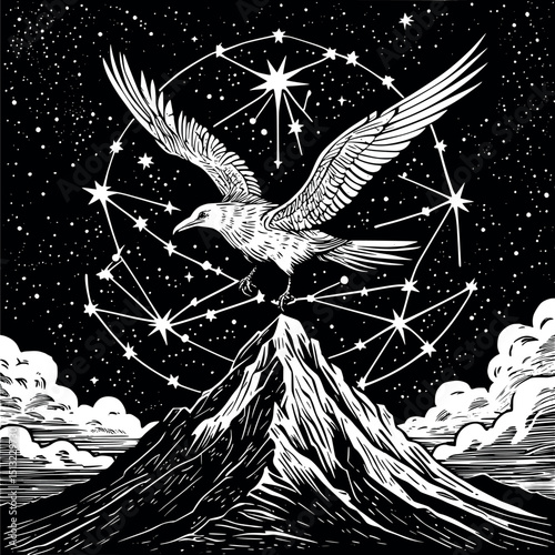 Stellar bird over mountain. Vector linocut of mythic constellation and cosmic flight.