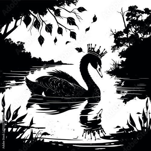 Crowned black swan in shadow. Symbolic linocut vector with melancholic mythology and regal decay.