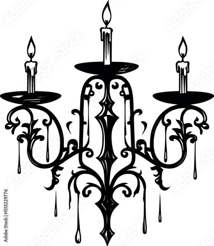 Gothic candle holder vector. Ornate iron candelabra with dripping wax detail.