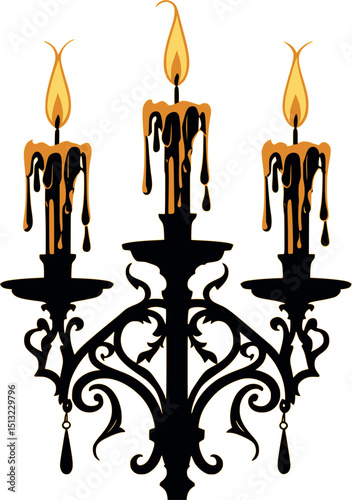 Gothic candle holder vector. Ornate iron candelabra with dripping wax detail.
