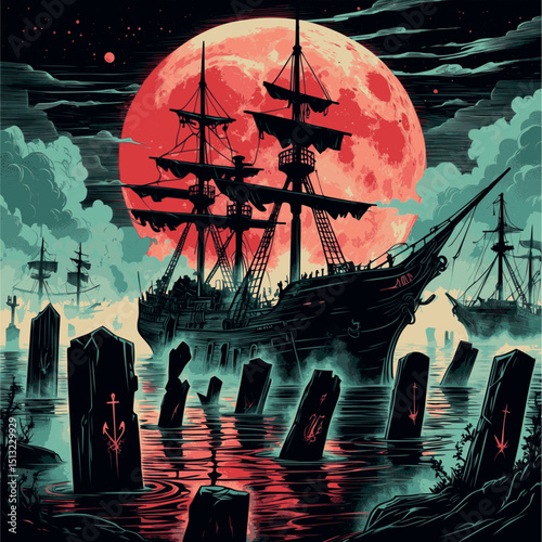 Ship graveyard under red moon. Fantasy linocut vector with eerie fog and marine tombstones.