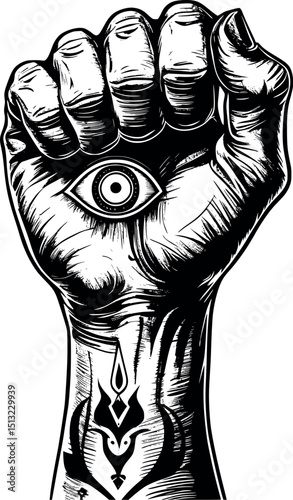 Eye in hand vector. Gothic symbol of vision, power and mystery.