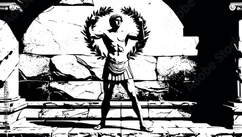 Victorious Greek pentathlon athlete – engraving-style vector with laurel wreath