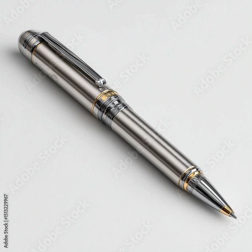 Silver metal pen on plain bright white background no shadows, premium writing instrument, sleek and professional