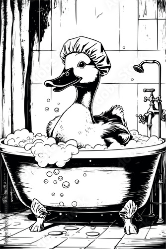 Duck in bubble bath with shower cap – humorous engraving-style vintage vector