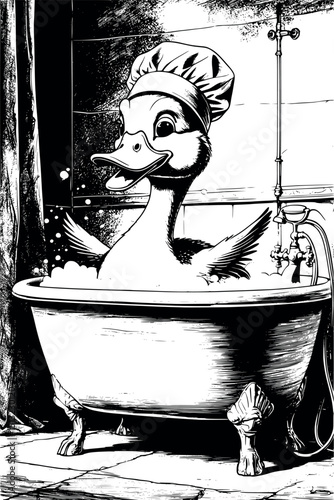 Duck in bubble bath with shower cap – humorous engraving-style vintage vector