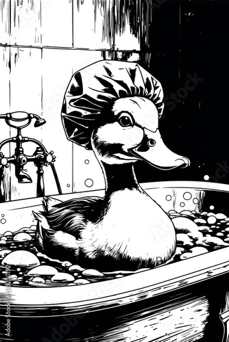 Duck in bubble bath with shower cap – humorous engraving-style vintage vector