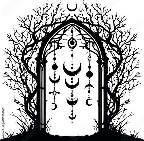 Gothic arch vector. Mysterious threshold design with natural and symbolic details.