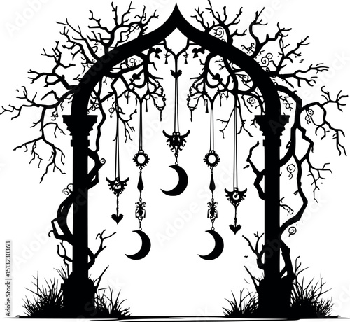 Gothic arch vector. Mysterious threshold design with natural and symbolic details.