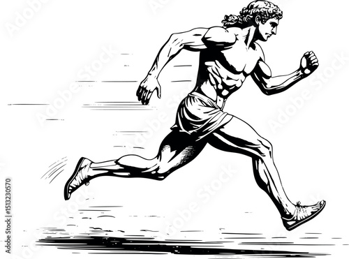 Greek Olympic runner in motion – detailed vintage engraving vector art