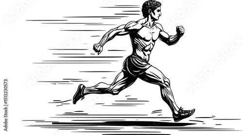 Greek Olympic runner in motion – detailed vintage engraving vector art