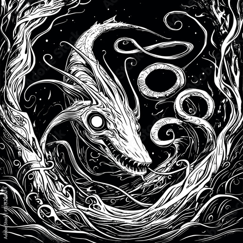 Leviathan from the abyss. Retro linocut fantasy creature with glowing eyes and tentacle chaos.