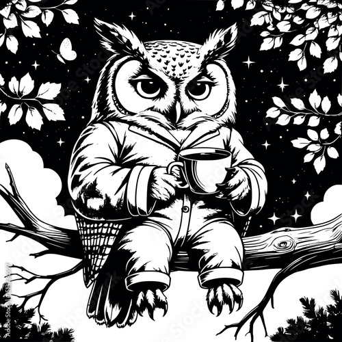 Sleepy owl in pajamas drinking coffee – humorous vintage engraving-style vector