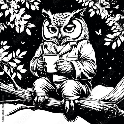 Sleepy owl in pajamas drinking coffee – humorous vintage engraving-style vector