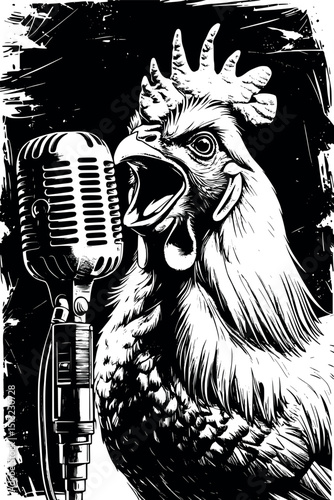Rock star rooster shouting into microphone – funny vintage engraving vector