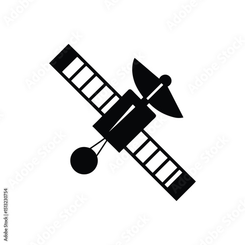 Black silhouette of satellite orbiting earth space exploration technology isolated on white