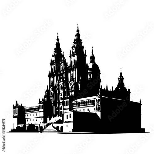 Santiago de Compostela Cathedral Silhouette - Historic European Vector Art