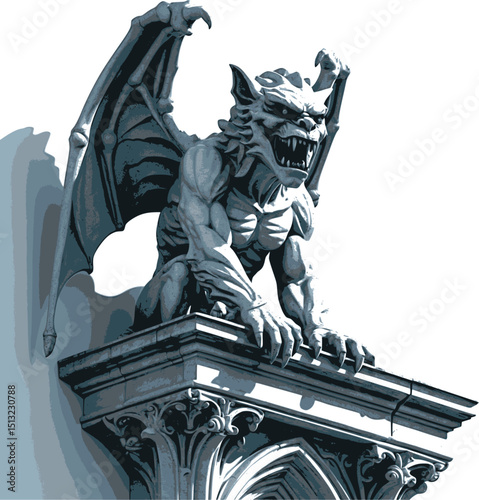 Gothic gargoyle vector. Mythical stone guardian with dramatic expression.