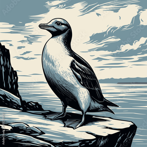 Guillemot on rock linocut. Vintage vector seabird illustration with upright pose and shading.