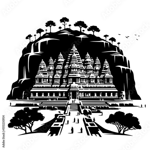 Angkor Wat Temple Complex Silhouette - Historic Cambodian Vector Art
