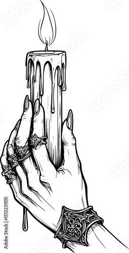 Candle hand vector. Mystical gothic scene with flame and elegant hand form.