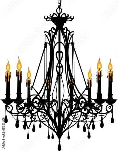 Gothic chandelier vector. Vintage candlelight fixture with dramatic curves.