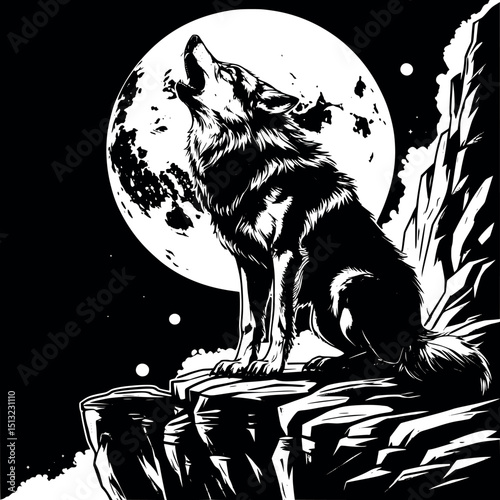 Gothic wolf vector. Night creature howling at moon in dramatic pose.